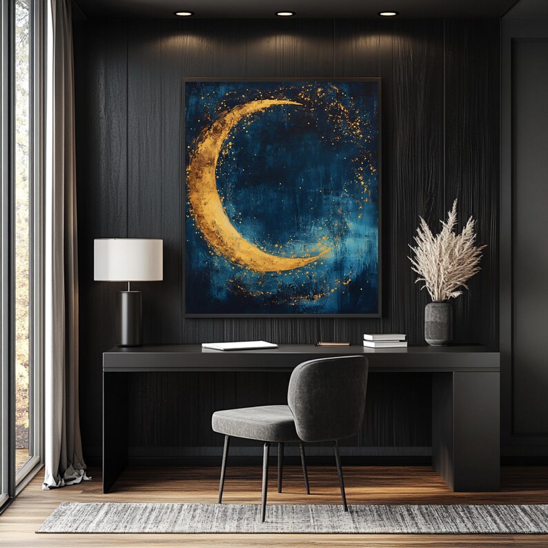 Abstract Gold Crescent Moon Print: Celestial Night Sky Art (digital ...