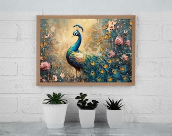 Majestic Peacock Floral Art Print: Elegant Home Decor (Digital Download)
