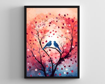 Love Birds in a Tree Wall Art, Romantic Home Decor, Tree Wall Decor, Tree of Love, Love Nest, Valentine's Day Gift, Digital Download