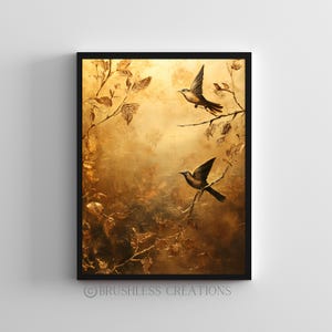 Goldene Vögel Abstrakte Wandkunst, Eleganter Natur Druck, Goldenes Botanisches Kunstwerk, Minimalistisches Vogel Poster, Luxus Wanddekor, Digital Download