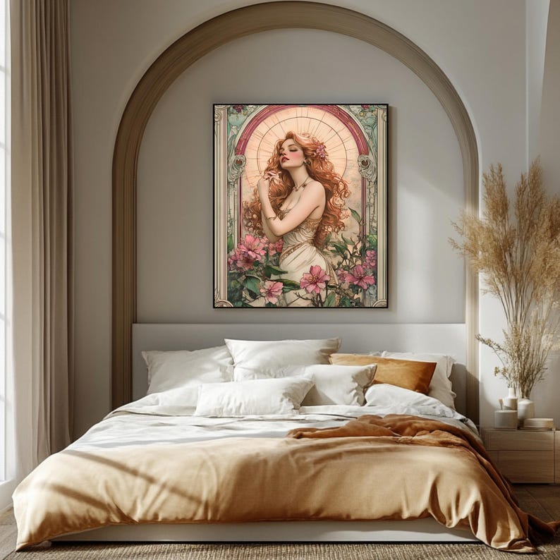 May include: A framed painting of a woman with long red hair standing in a garden with pink flowers. The woman is wearing a white dress and has a crown of flowers on her head.