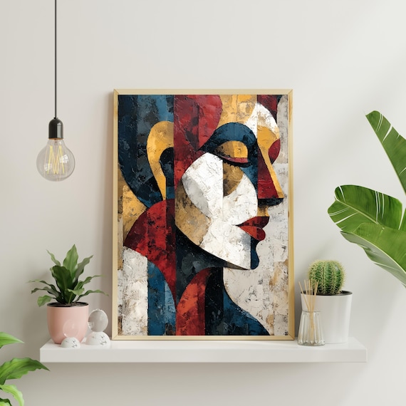 キュビズム人物画アートプリント：モダン幾何学肖像画（デジタル