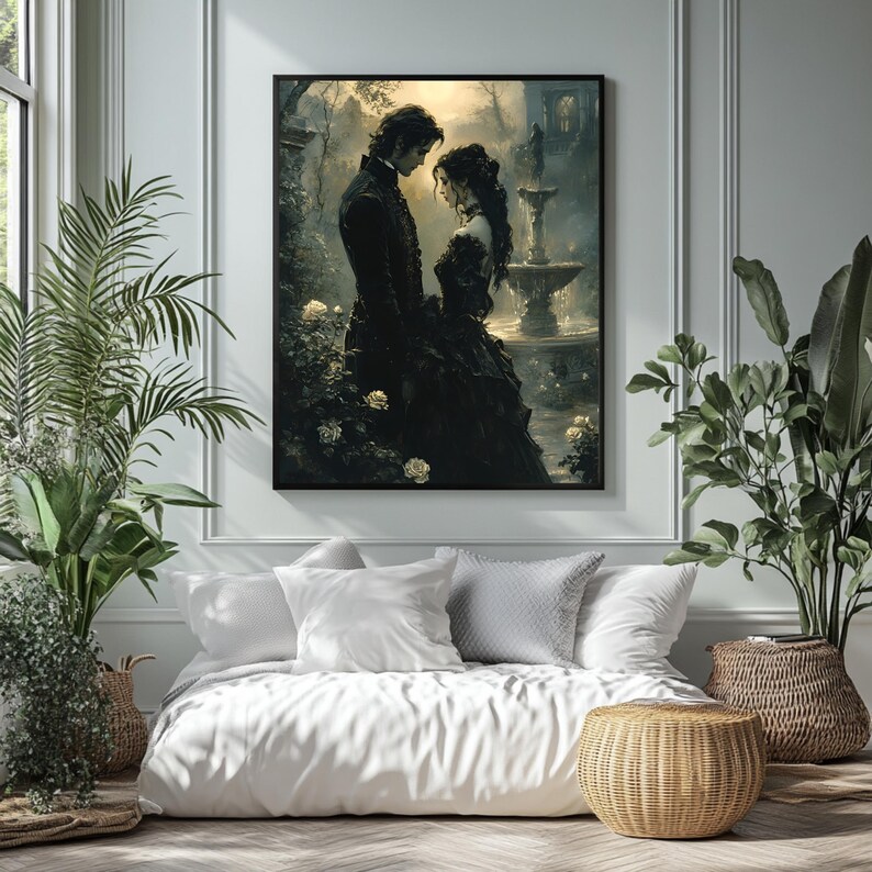 May include: A framed artwork depicts a romantic scene of a couple in formal attire, standing close together in a garden setting. The artwork features a fountain and white roses, with a dark color palette. The artwork is displayed above a bed with white bedding.