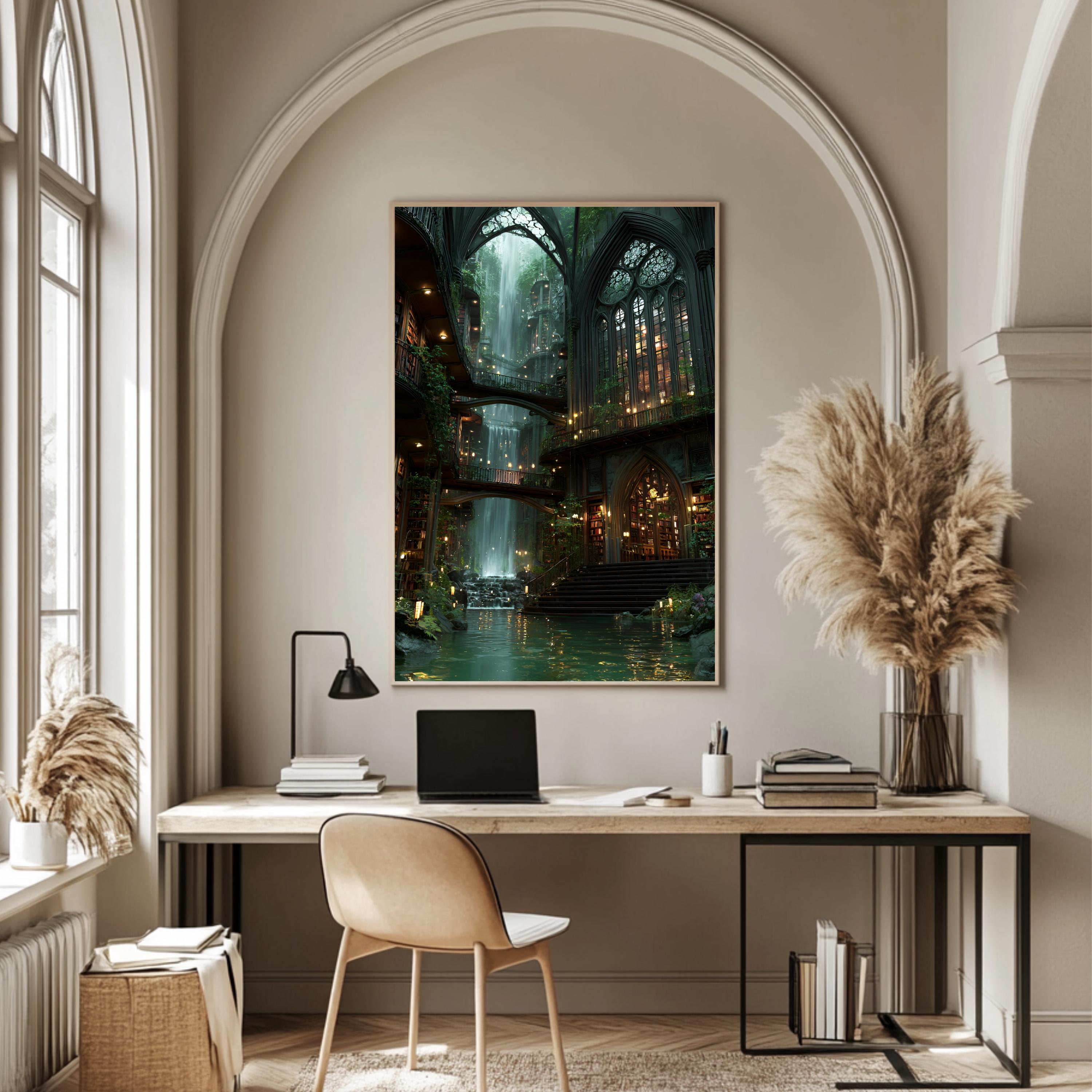 Library Ideas Waterfall Fantasy Library Waterfall Art Print, Enchanted Book Room (digital ...
