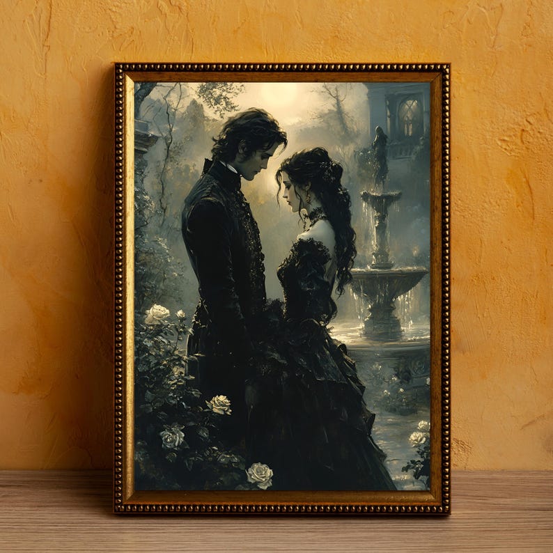May include: A framed print depicting a romantic scene of a couple in gothic attire. The artwork features a man and woman in a garden setting with a fountain. The color palette is primarily black, white, and gold, creating a dramatic and elegant aesthetic.