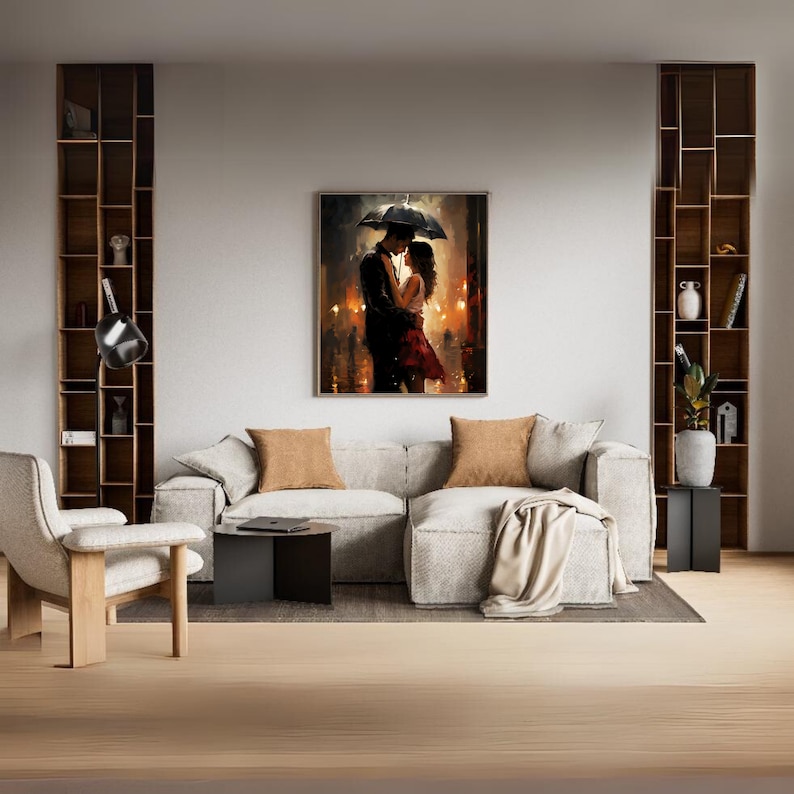 Love in the Rain Wall Art, Romantic Couple, Valentine's Day Love Gift, Umbrella Love, Puddle of