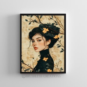 Vintage Woman Portrait Art Print: Elegant Floral Minimalist Decor (Digital Download)