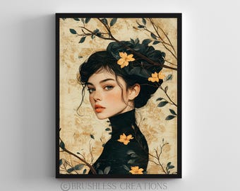 Vintage Woman Portrait Art Print: Elegant Floral Minimalist Decor (Digital Download)