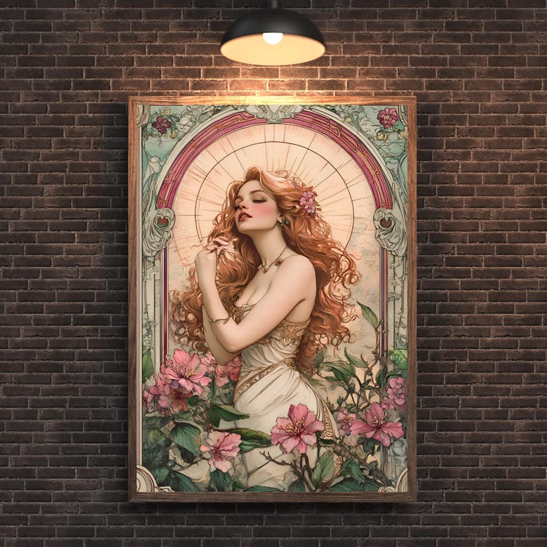 May include: A vintage-style illustration of a woman with long red hair, wearing a white dress and surrounded by pink flowers. The artwork is framed in a wooden frame.