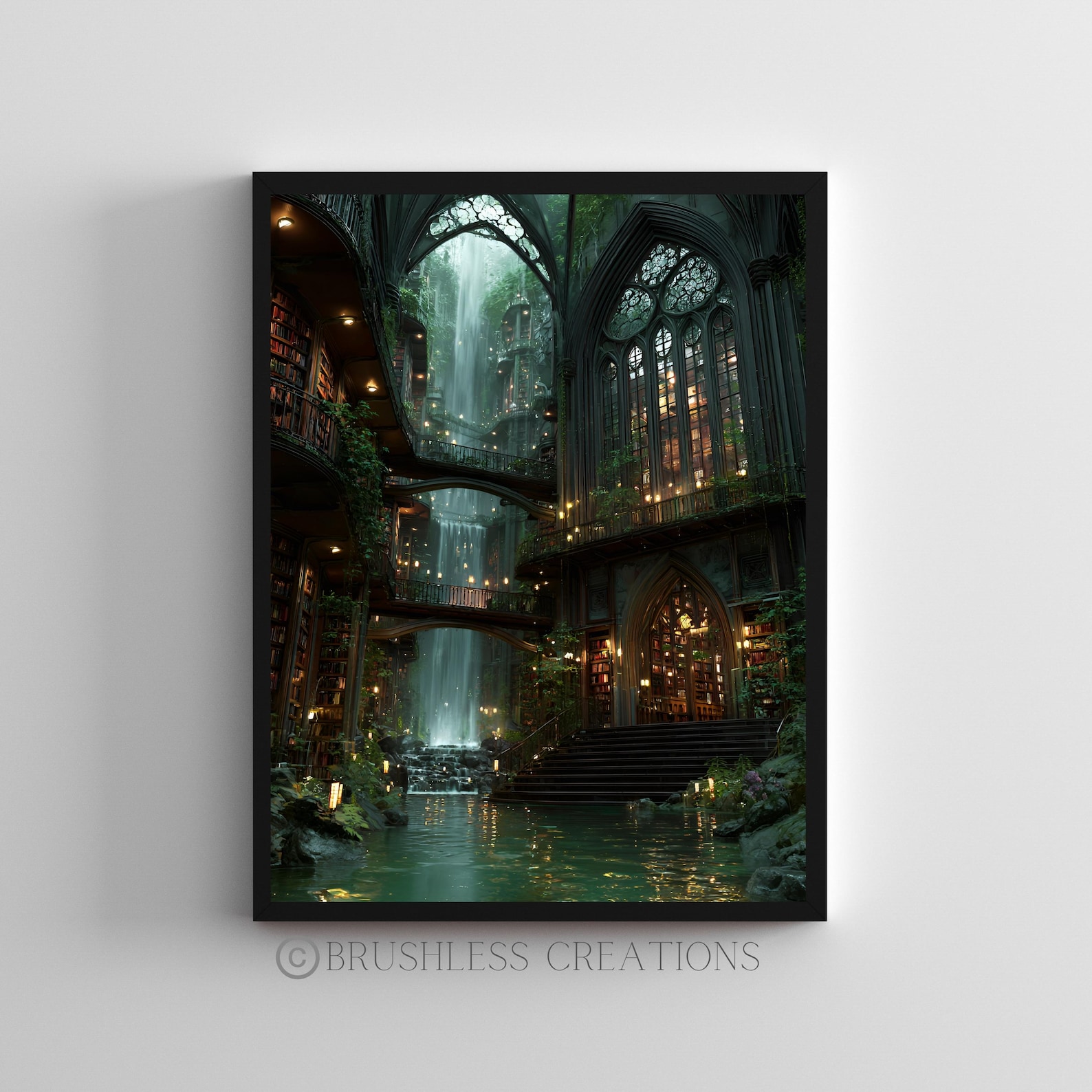 Library Waterfall Mini Fantasy Library Waterfall Art Print, Enchanted Book Room (digital ...