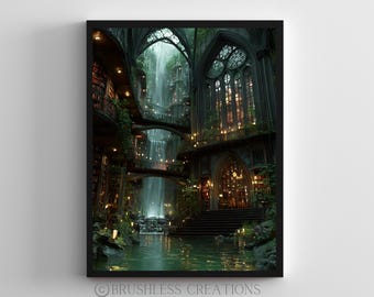 Fantasy Library Waterfall Art Print, Enchanted Book Room (Digital Download)