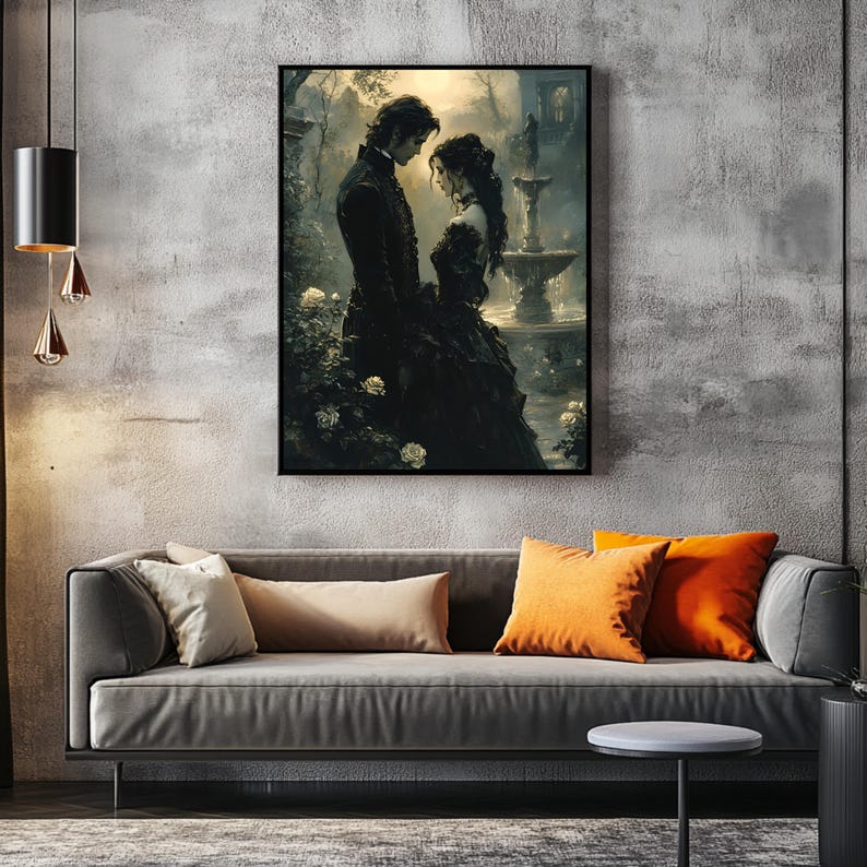 May include: A framed art print depicts a romantic scene of a couple in gothic attire. The artwork features a man and woman in black clothing, standing near a fountain and white roses. The background has a soft, ethereal glow.