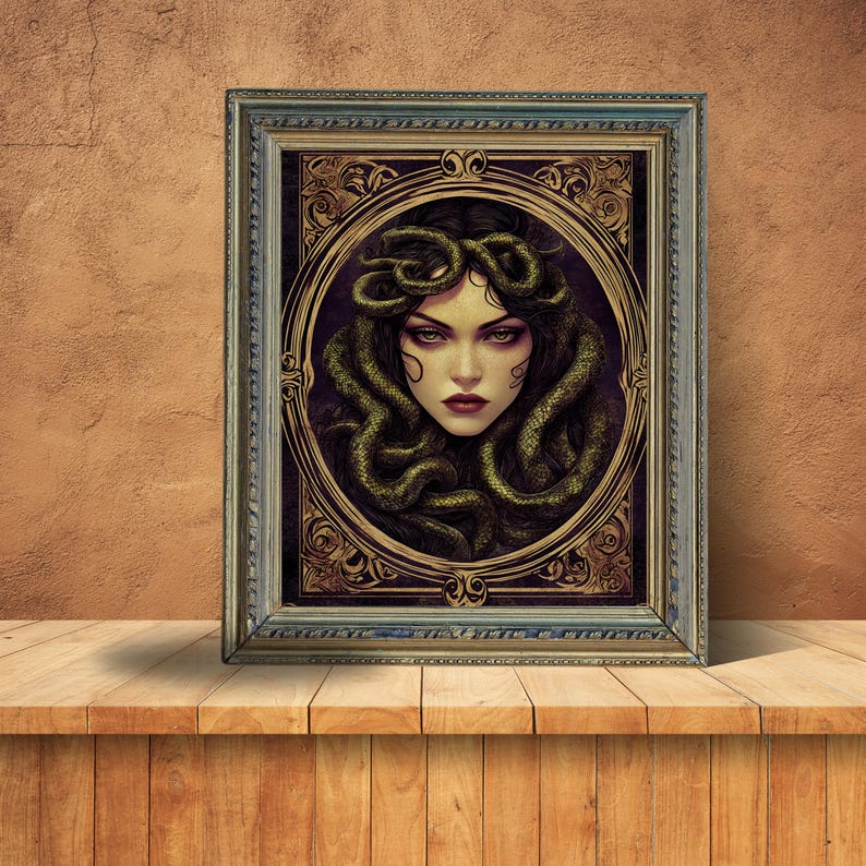 May include: A framed print of a woman with snakes for hair. The woman has a serious expression and is looking directly at the viewer. The print is in a gold frame with ornate details.