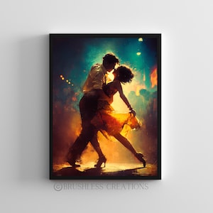 May include: A framed art print showing a couple dancing closely. The artwork uses warm colours like orange, yellow, and brown, with a dark background. The dancers are in silhouette, suggesting a romantic theme. The print is framed in a black border.