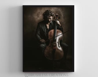 Lámina artística de un violonchelista melancólico: elegante decoración musical oscura (descarga digital)