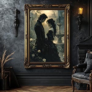 May include: A framed gothic-style painting depicts a couple in black attire, set against a backdrop of a fountain and garden. The ornate gold frame complements the dark aesthetic. The artwork is displayed on a dark gray wall, with a matching chair and decor.