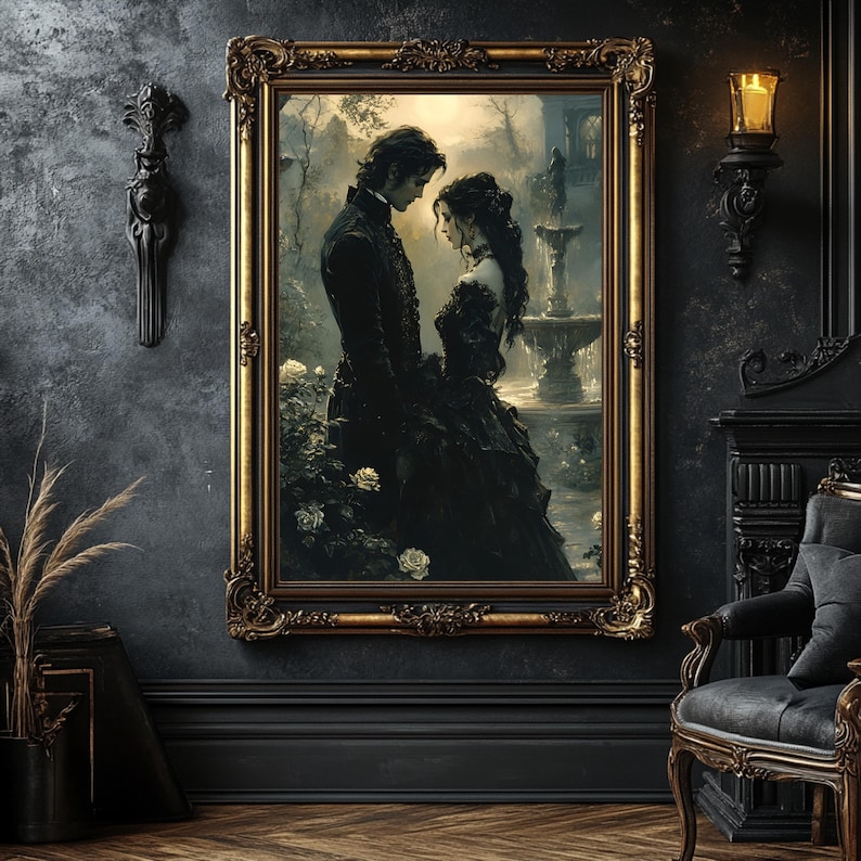 May include: A framed gothic-style painting depicts a couple in black attire, set against a backdrop of a fountain and garden. The ornate gold frame complements the dark aesthetic. The artwork is displayed on a dark gray wall, with a matching chair and decor.