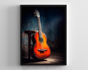 Rustic Acoustic Guitar Print, Vintage Music Room Decor (Digital Download)