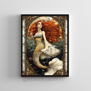 Mermaid Art Print, Fantasy Wall Decor, Art Nouveau Mermaid Artwork, Underwater Mythical Poster, Mermaid Painting, Digital Download