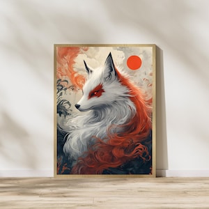 Kitsune Fuchs Wandkunst, Japanische Mythologie Druck, Fantasy Tier Poster, Yokai Kunstwerk, Mystische Fuchs Dekoration, Digital Download