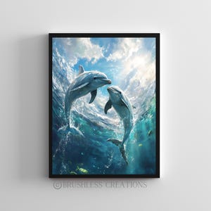 Póster de delfines, arte mural oceánico, impresión de animales marinos, decoración costera, obra de arte digital subacuática, póster de vida marina, descarga digital
