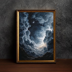 May include: A framed artwork featuring a dramatic night sky scene. The painting depicts swirling, dark blue and white clouds with a crescent moon. The artwork is enclosed in a gold-colored frame, adding a touch of elegance to the celestial scene.