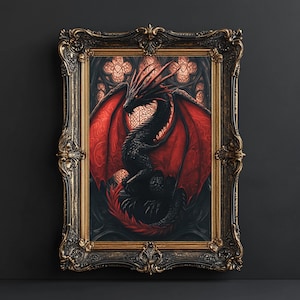 Dragon Wall Art, Gothic Fantasy Poster, Red and Black Dragon Print, Fantasy Art, Mythical Beast Art, Mythology Poster, Digital Download
