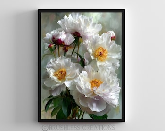White Peony Flower Print: Elegant Botanical Wall Art (Digital Download)