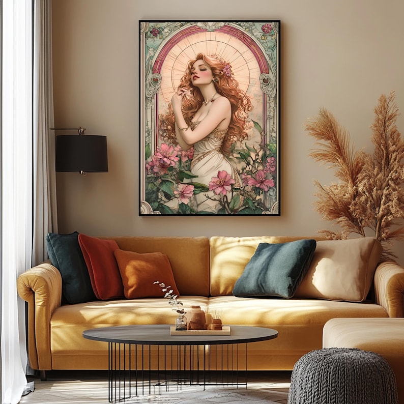May include: A digital art print featuring a woman with long red hair, wearing a white dress and standing in a garden with pink flowers. The artwork is framed in a black frame and has a vintage aesthetic.
