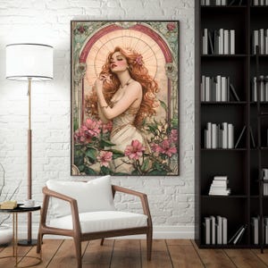 May include: A digital painting of a woman with long red hair, wearing a white dress and standing in a garden with pink flowers. The painting is in an Art Nouveau style.