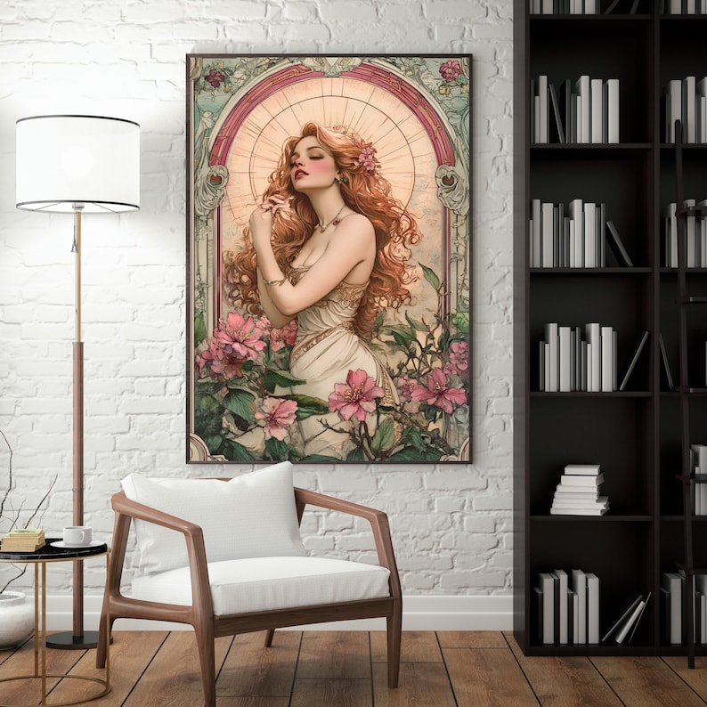 May include: A digital painting of a woman with long red hair, wearing a white dress and standing in a garden with pink flowers. The painting is in an Art Nouveau style.