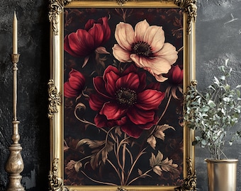 Burgundy Floral Print: Vintage Gothic Flower Wall Art (Digital Download)