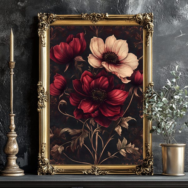 Burgund Blumenmuster: Vintage Gothic Blumen Wandkunst (Digitaler Download)