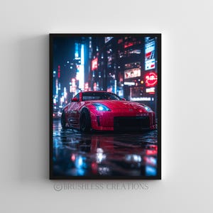 May include: A red sports car parked on a wet street in a city at night. The car is surrounded by tall buildings with neon lights. The car's headlights are on and reflecting in the wet pavement.