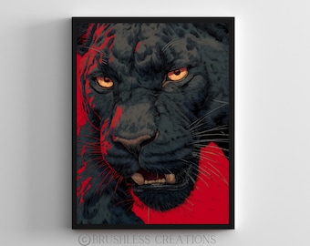 Black Panther Illustration: Bold Red Jungle Cat Art (Digital Download)