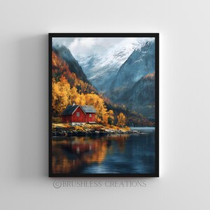 Norway Landscape Wall Art, Nordic Mountain Print, Scandinavian Home Decor, Autumn Cabin Art, Norway Travel Wall Decor, Digital Download