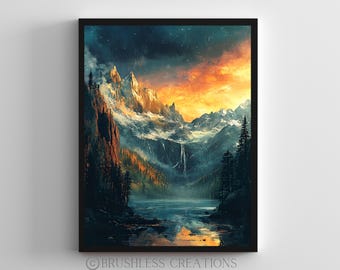 Lámina artística "Atardecer en la montaña": Paisaje de un lago salvaje (Descarga digital)