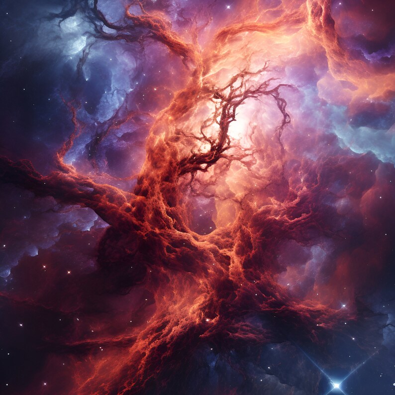 以下が含まれることがあります： 赤、オレンジ、青の色合いの渦巻く星雲は、宇宙に伸びる大きくごつごつした木に似ています。星雲は小さな白い星でいっぱいです。