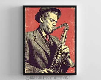 Plakat z motywem saksofonisty jazzowego w stylu retro (do pobrania w wersji cyfrowej)
