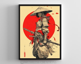 Samurai Woman Art Print, Japanese Warrior Woman Poster, Ronin Illustration, Katana Wall Art, Japanese Aesthetic Decor, Digital Download