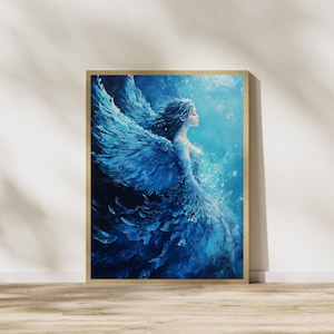 Majestic Angel Poster, Ethereal Blue Angel Art, Fantasy Wall Print, Celestial Goddess Decor, Mystical Wings Artwork, Digital Download