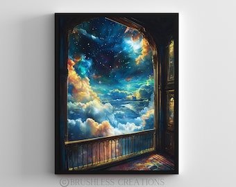 Surrealistisk galaxfönstertryck, fantasihimmel heminredning (digital nedladdning)