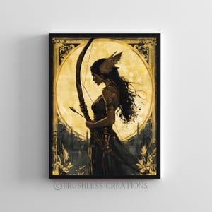 May include: A silhouette of a woman with a bow and arrow, standing in front of a large, golden moon. The background is a dark, textured cityscape.