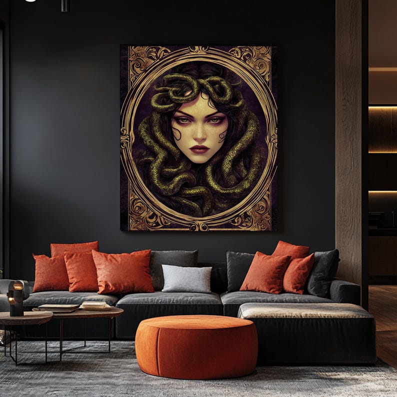 May include: A digital painting of a woman with snakes for hair, framed in a gold ornate frame. The woman has dark hair and eyes, and her face is framed by the snakes. The background is a dark purple.