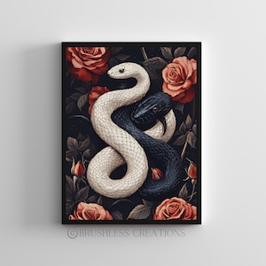 Dark Botanical Snake Print, Black and White Snake Art, Gothic Nature Wall Decor, Serpentine Aesthetic Poster, Digital Download