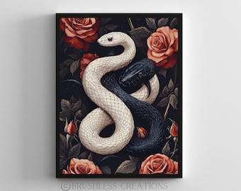 Gothic Snake Print: Black & White Serpentine, Dark Botanical Art (Digital Download)