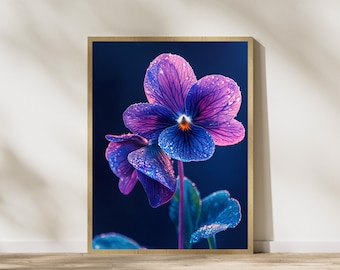 Impresión artística de flores violetas: fotografía floral bajo el rocío (descarga digital)