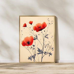 Red Poppy Flower Print: Minimalist Botanical Art (Digital Download