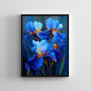 Puede incluir: Una pintura al óleo enmarcada con vibrantes flores de iris azules con detalles amarillos y morados. La obra de arte está sobre un fondo azul oscuro, con follaje verde. El marco es negro. El nombre del artista, "BRUSHLESS CREATIONS", está en la parte inferior.