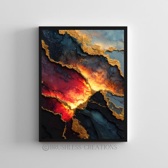 Abstract Lava Art Print, Gold Leaf Texture, Fiery Volcano (digital